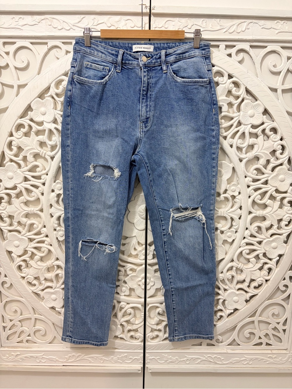 Flying Monkey High Rise Distressed Straight Jeans Medium Wash Size 30